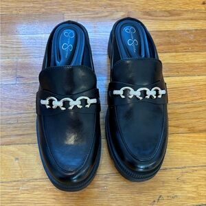 Jessica Simpson Black Loafers with Silver Chain